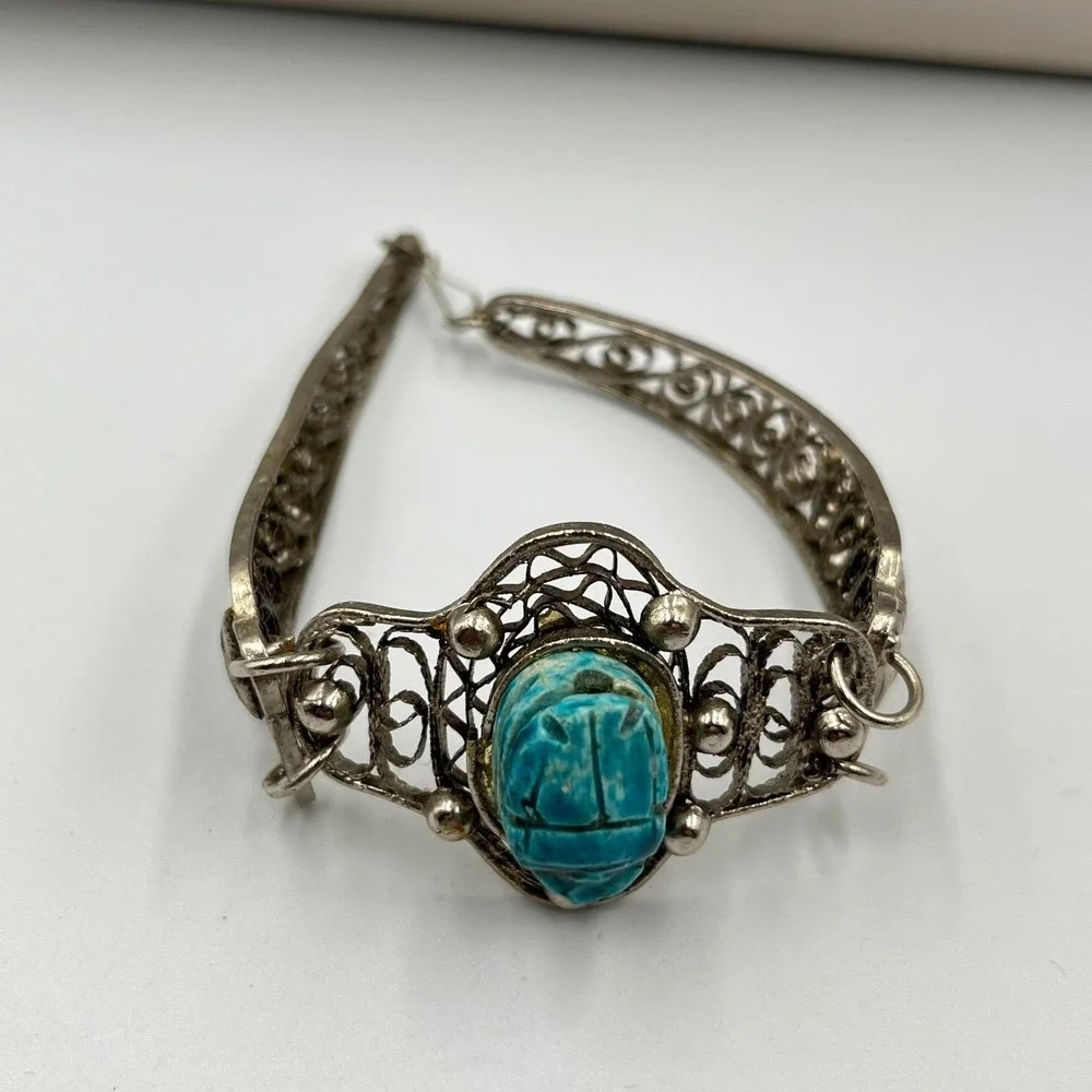 Vintage Egyptian Revival Scarab Beetle Beads Necklace & Filigree‎ Bracelet Set